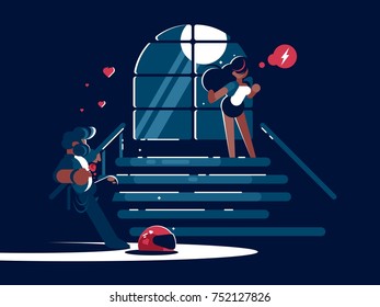 Loving boyfriend and girl in evening in moonlight. Vector illustration