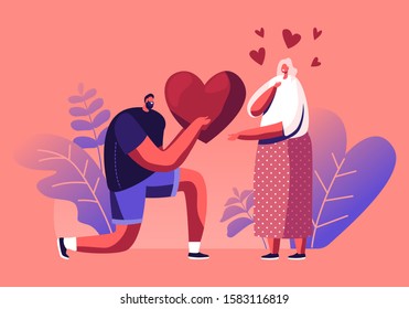 Loving Boyfriend Presenting Huge Heart to Girlfriend Standing on Knee on Happy Valentines Day. Man Making Proposal to Woman. Human Relations, Happiness Surprise Love. Cartoon Flat Vector Illustration