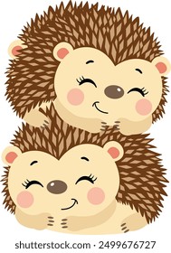 Loving brown hedgehogs lying on top of each other