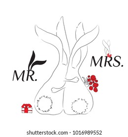 loving bunny. Rabbits in love cute wedding card invitation Valentines day. Vector illustration