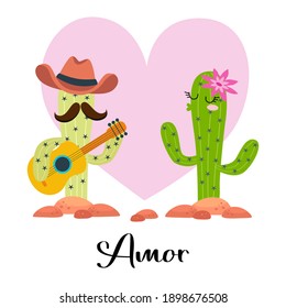 loving cactus with guitar with heart on white Amor - Love