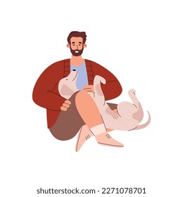 Loving careful pet owner and his dog, flat vector illustration isolated on white background. Characters of man and dog veterinary or animal-assisted therapy topic.
