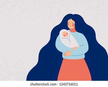 loving and caring mother holding her newborn child. Young woman shows care and love for the baby. Vector illustration