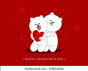 Loving Cartoon Bear Couple holding Hearts on Red Background for Happy Valentine's Day Celebration Concept.