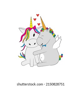 Loving cartoon unicorns. Hugging unicorns. For printing on T-shirts, dishes, embroidery, sticker. Vector illustration isolated on white background.