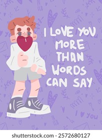 Loving Cartoon Valentine. Playful cartoon figure holding a heart on a pastel purple background with a sweet message. Perfect for Valentine’s Day cards, posters, and heartfelt designs.
