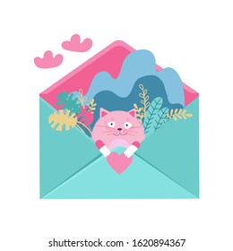 Loving cat fall in love sitting in envelope with heart for Valentine's Day. Vector flat illustration character design