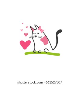 Loving cat with hearts. Cute funny cartoon character. Vector illustration