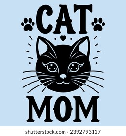 Loving Cat Mother Design - Cute Whiskered Cat with Hearts Graphic Art. Print for T-shirt, Hoodie, Sweatshirt.