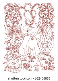 Loving cats with mice in a clearing among the flowers. Vector illustration of zentangl. Coloring page. Antistress for adults and children.