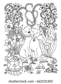 Loving cats with mice in a clearing among the flowers. Vector illustration of zentangl. Coloring page. Antistress for adults and children.