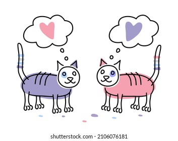 Loving cats. Two cute cats on a white background. Funny vector illustration on the theme of Valentine's Day.