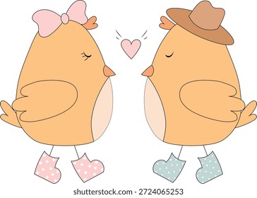 Loving chicks in boots. Spring illustration for Valentine's Day. Summer illustration. Valentine's Day.