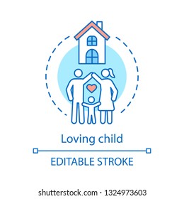 Loving child concept icon. Adoption idea thin line illustration. Children custody, rights protection. Parenting. Happy family. Parents with kid. Vector isolated outline drawing. Editable stroke