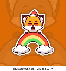 Loving Christmas Fox Holding Rainbow Icon, Vector Sticker Design