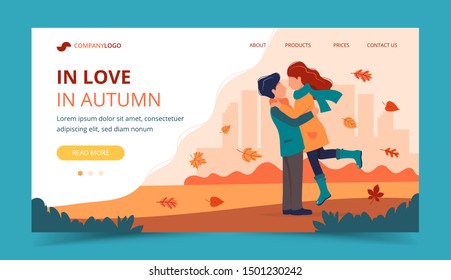Loving couple in autumn. Landing page template. Cute vector illustration in flat style.