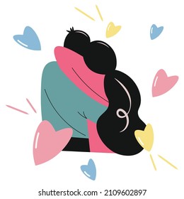 Pareja encantadora, vista trasera. El hombre y la mujer están abrazando. Amor, romance, corazones. Ilustración plana vectorial. Color clipart con corazones. Diseño de vacaciones aisladas, decoración, postal para el Día de San Valentín.