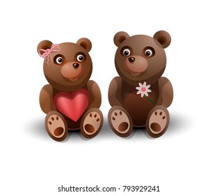 Loving couple of bears. Holding a flower and a red heart. Vector illustration