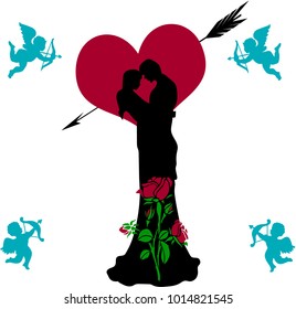 Loving couple beautifully decorated (rose and heart), collage for Valentines day, silhouette on white background with flying angels, vector