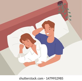 Loving couple in the bed. Vector illustration in a flat style