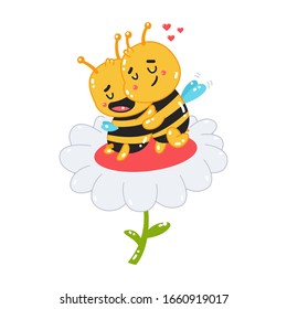 Loving couple of bees on a flower vector cartoon illustration isolated on a white background.