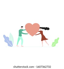 Loving couple with a big heart on their hands. Vector illustration. Saint Valentine's Day concept. Flat style.