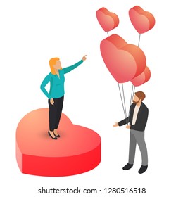 Loving couple with big red heart isolated on white background in isometric view. Design inspiration for valentines day. Composition of elements for design branding. Vector illustration.