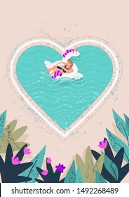 loving couple of blonde people spend time in a pool in the shape of a heart surrounded by tropical plants. Honeymoon couple