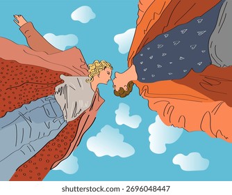 Loving couple, bottom-up view. Vector 