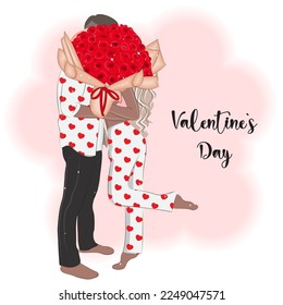 Loving couple with a bouquet of roses, vector illustration for Valentine's Day