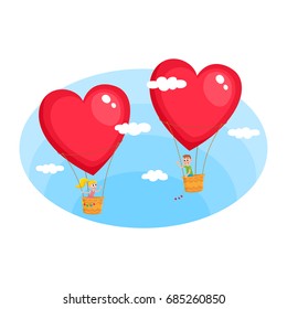 Loving couple, boy and girl, dating in cafe, flying in heart shaped hot air balloons to each other on the background, cartoon vector illustration. Loving couple dating in cafe, romantic relationships