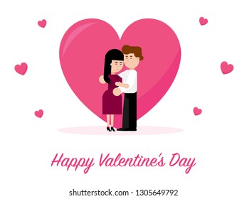 Loving couple, boy and girl, man and woman, romantic evening. Love. Postcard. Lovers hug. Happy Valentine's Day. Big heart on the background and around. Hugging. 