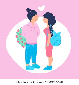 Loving couple: boyfriend and girl. The guy gives a bouquet of flowers to a girl. Ideal for cards, prints for celebration. Valentine's day, 8 March, Happy Birth day, Women day. Vector illustration.