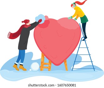 Loving couple builds heart from snow. Love. Valentine's Day. Winter atmosphere. Vector. Illustration.