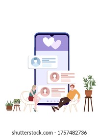 Loving couple in a cafe cute people in casual clothes sitting on soft chairs cafe room with chair and plant pod flat vector illustration on white background with big abstract smartphone chat app