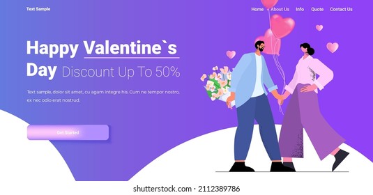 loving couple celebrating happy valentines day man woman in love standing together with flowers and pink air balloons