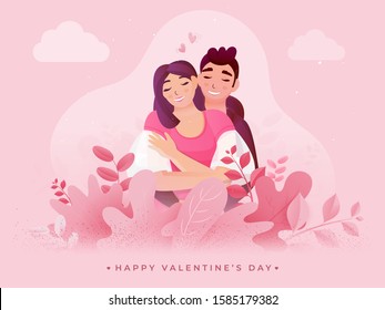 Loving Couple Character Sitting on Pink Nature View Background for Happy Valentine's Day Celebration.