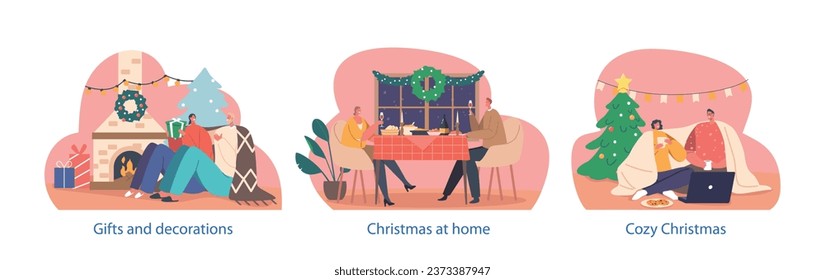 Loving Couple Characters Celebrate Christmas at Home, Man and Woman Unwrap Gifts near the Fireplace, Enjoying Dinner