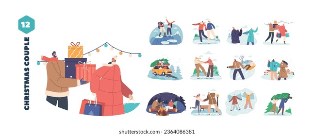Loving Couple Characters Create Cherished Holiday Traditions As Buying And Carrying Tree And Gifts, Walking, Skating