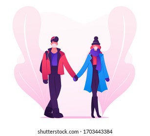 Loving Couple Characters Dating during Quarantine Covid 19 Isolation. Young Man and Woman Wearing Medical Masks and Warm Clothing Holding Hands Walking on Street. Cartoon Vector People Illustration