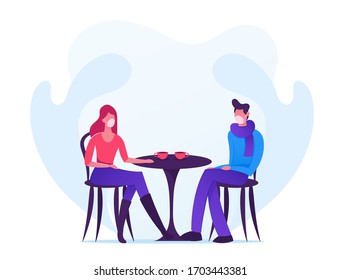 Loving Couple Characters in Medical Masks Dating during Quarantine Covid 19 Isolation. Young Man and Woman Sitting at Table in Cafe Drinking Hot Beverage, Chatting. Cartoon Vector People Illustration