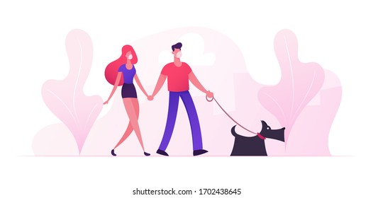 Loving Couple Characters Wearing Medical Masks Walking with Dog in Park during Covid 19 Quarantine Pandemic. Young Family Playing with Pet Outdoors Having Leisure. Cartoon Vector People Illustration