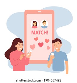 Loving couple chatting via smartphone. Online dating app. Lovers making video call. Long distance relationship. Valentine’s Day concept vector illustration.
