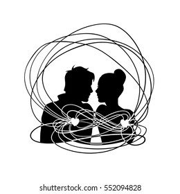 Loving couple with connected hearts. Black sketch silhouette illustration isolated on white background. For wedding and Valentine day cards and invitations.