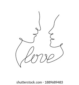 Loving couple, continuous line. Woman's and men's face and lettering love. Hand drawn vector illustration in line art style, isolated on a white background. Illustration of love and Valentine's day.