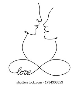 Loving couple, continuous line. Woman's and men's face and the infinity sign. Hand drawn vector illustration in line art style, isolated on a white background. Illustration of love and Valentine's day