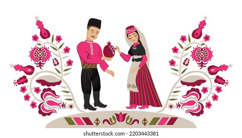 A loving couple of Crimean Tatars in national clothes eat pomegranate. Ornament "Tree of Life" with pomegranate fruits. Wealth symbol. Concept of wedding, engagement.