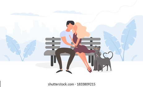 Loving couple cuddling in the park. Loving Boyfriend and girlfriend in a city park. Vector illustration.