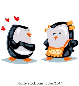 Loving couple cute cartoon penguins. Vector holiday illustration on a white background.