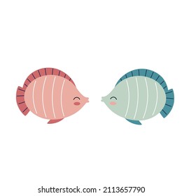 Loving couple of cute coral fish. Underwater animals, marine fauna. Vector illustration for valentine's day